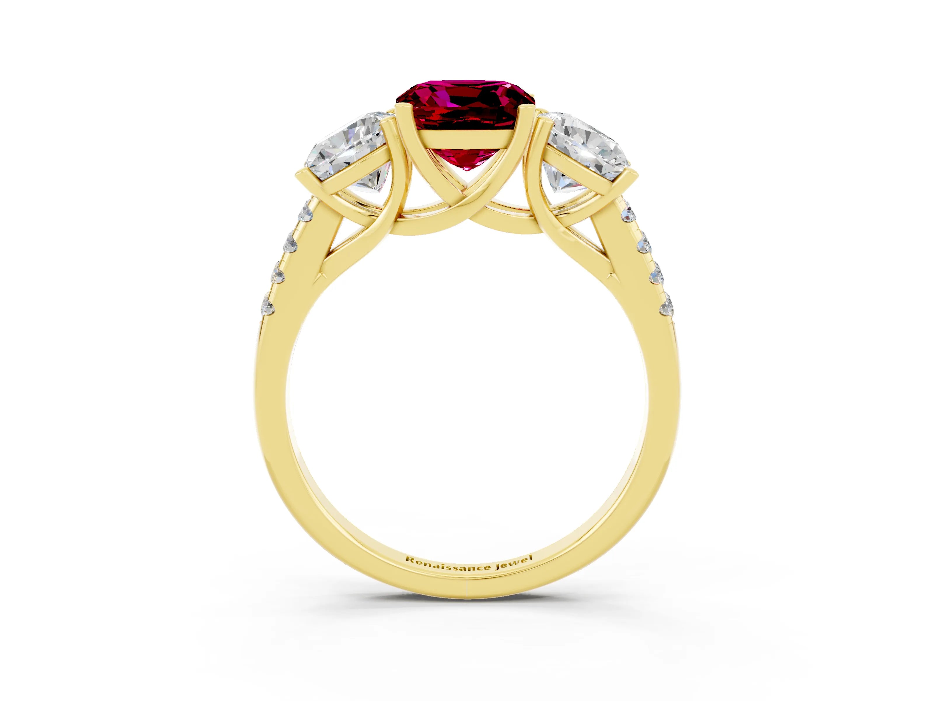 Yellow gold Three-Stone Cushion Cut Garnet Ring with Pavé Band and Prong Setting_15