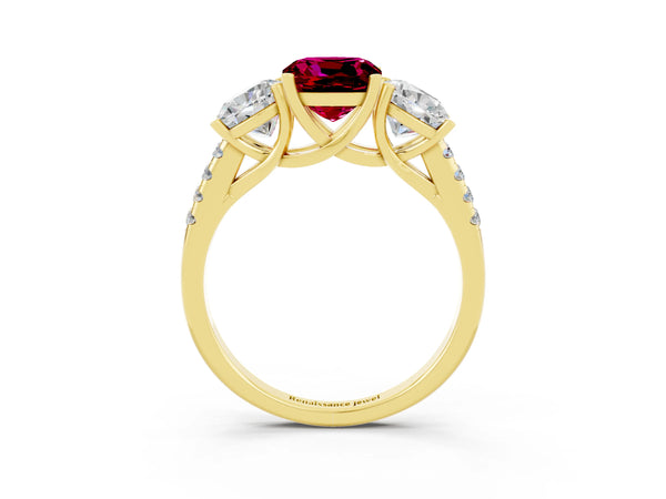 Yellow gold Three-Stone Cushion Cut Garnet Ring with Round  Pavé Band and Prong Setting