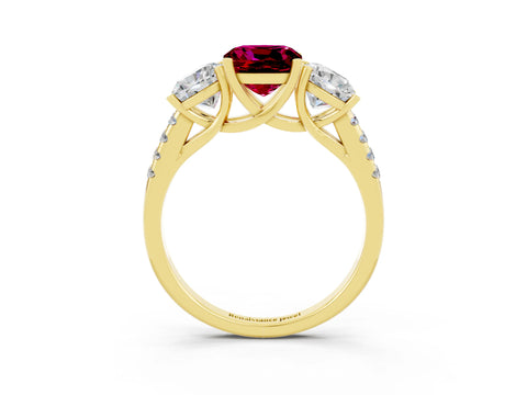 Yellow gold Three-Stone Cushion Cut Garnet Ring with Pavé Band and Prong Setting_15