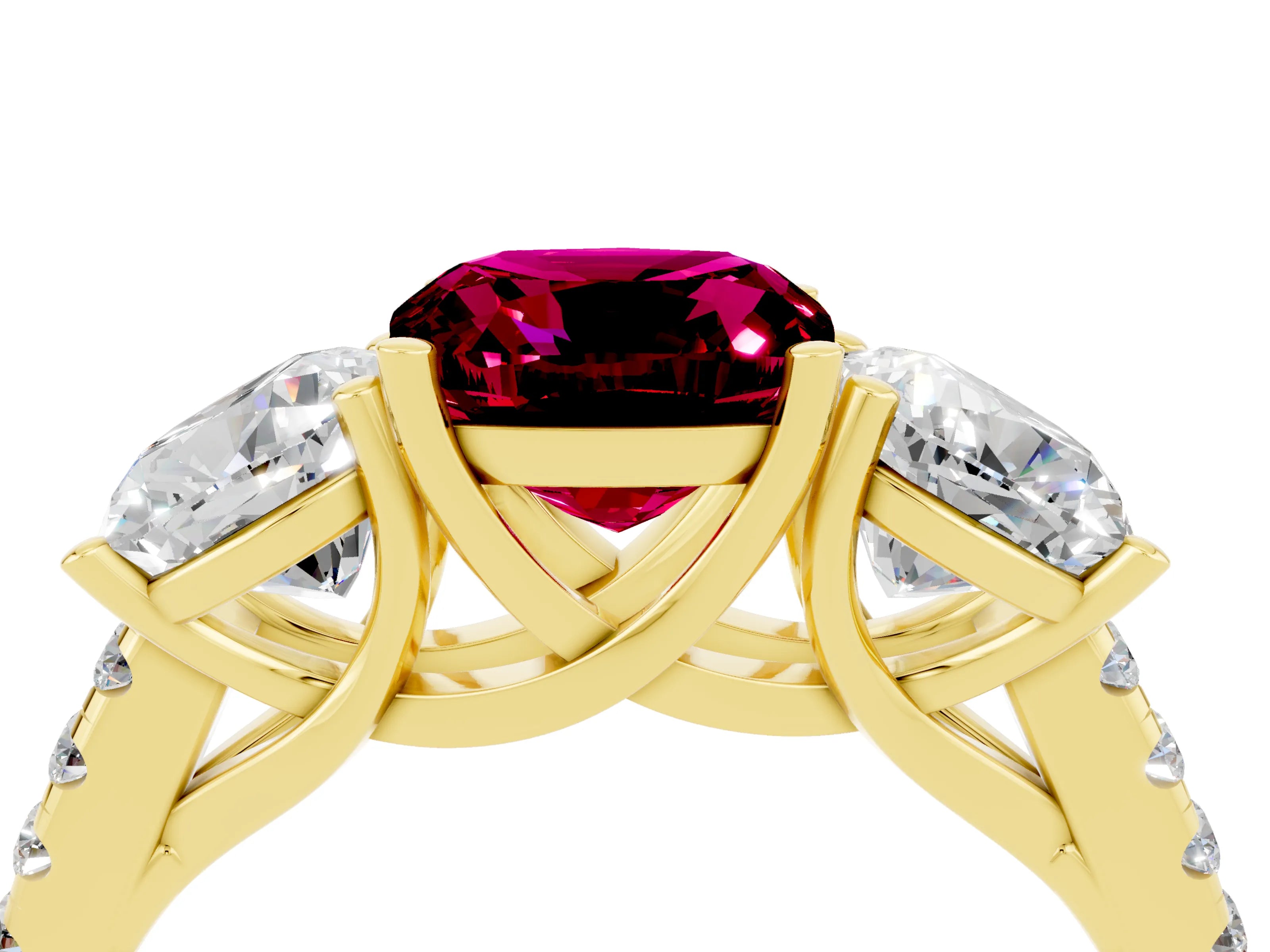 Yellow gold Three-Stone Cushion Cut Garnet Ring with Pavé Band and Prong Setting_16