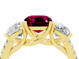 Yellow gold Three-Stone Cushion Cut Garnet Ring with Pavé Band and Prong Setting_16