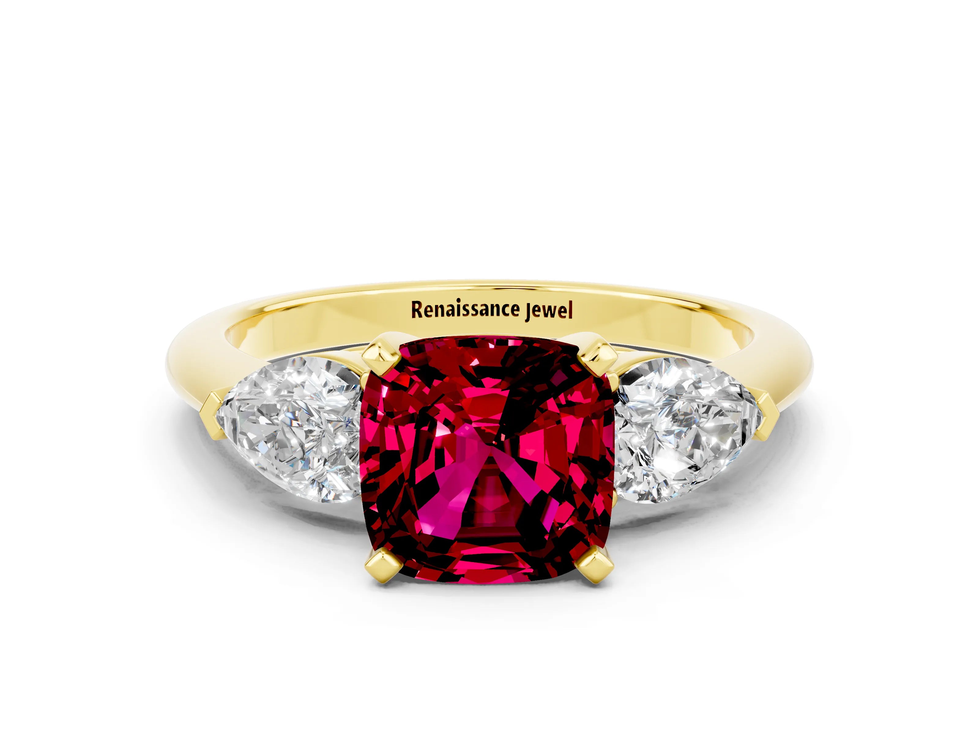 Yellow gold Three-Stone Cushion Cut Garnet Ring with Pear Side Stones and Four-Prong Setting