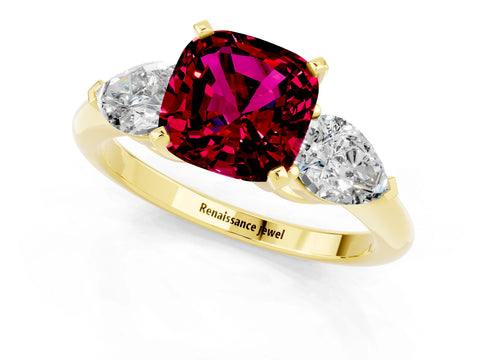Yellow gold Three-Stone Cushion Cut Garnet Ring with Pear Side Stones and Four-Prong Setting_1