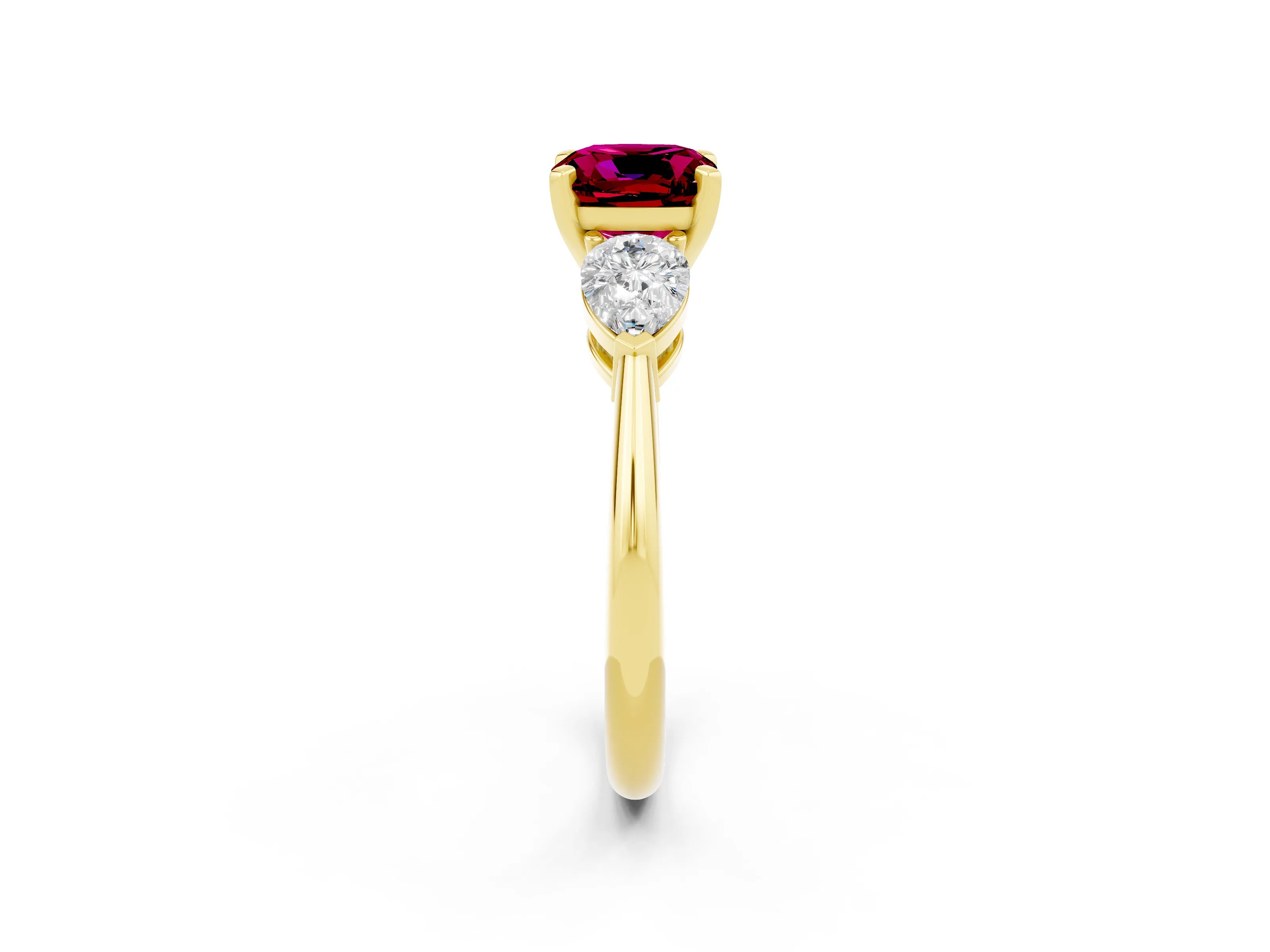 Yellow gold Three-Stone Cushion Cut Garnet Ring with Pear Side Stones and Four-Prong Setting_2