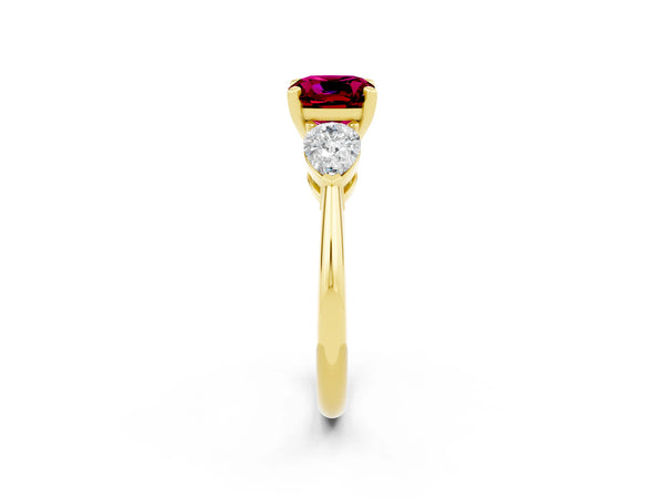Yellow gold Three-Stone Cushion Cut Garnet Ring with Pear Side Stones and Four-Prong Setting