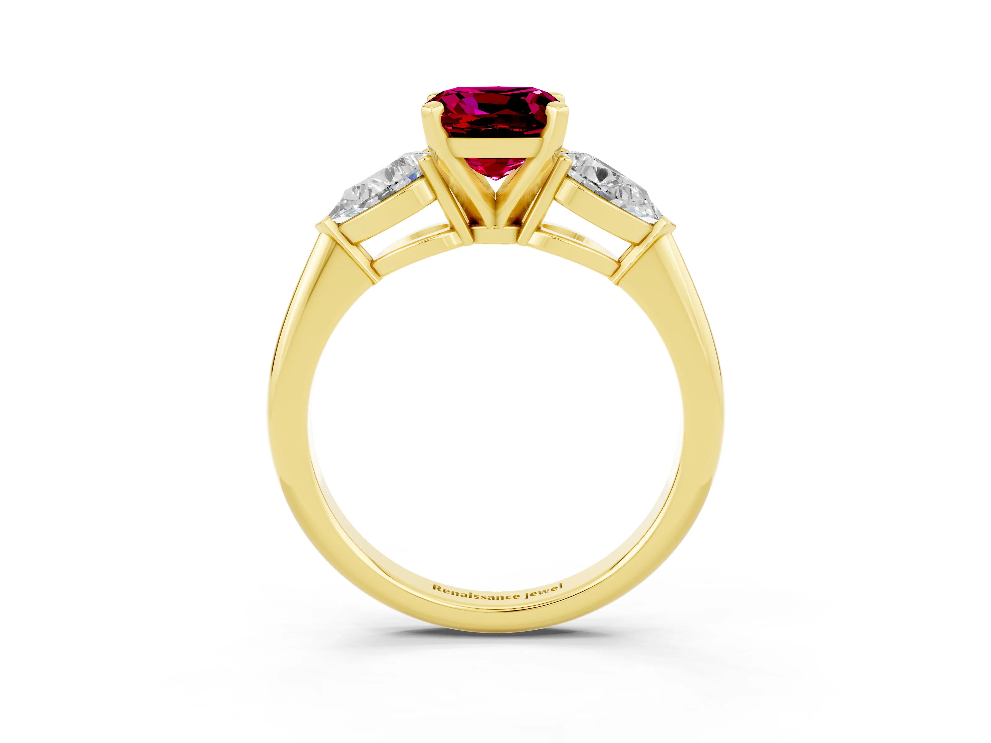 Yellow gold Three-Stone Cushion Cut Garnet Ring with Pear Side Stones and Four-Prong Setting_3
