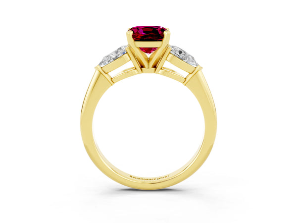 Yellow gold Three-Stone Cushion Cut Garnet Ring with Pear Side Stones and Four-Prong Setting