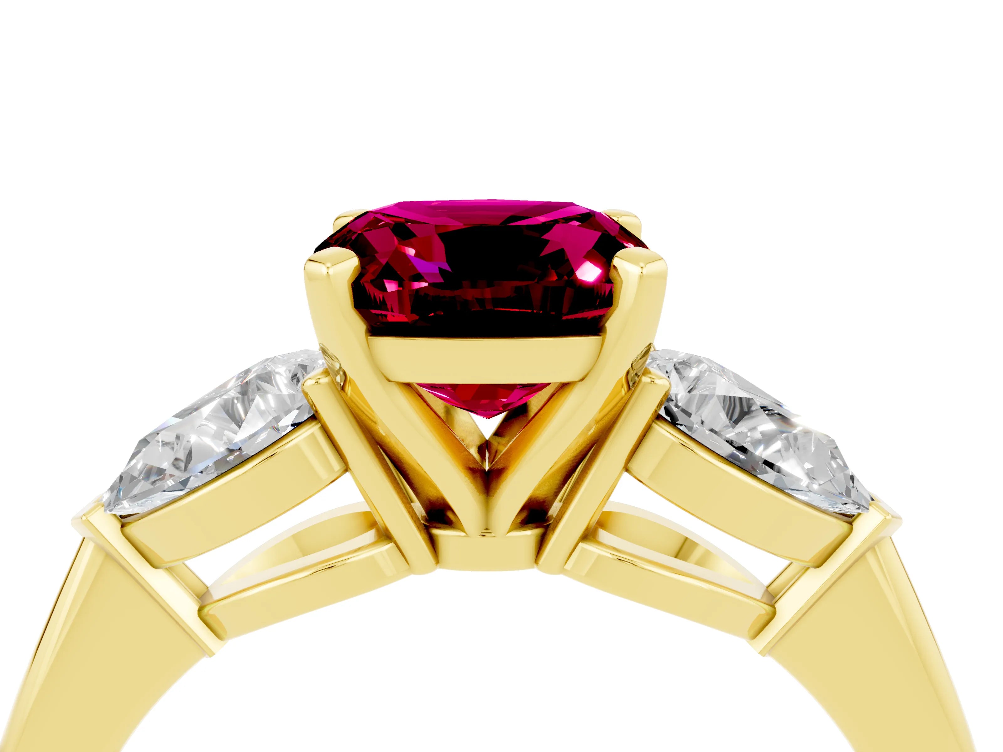 Yellow gold Three-Stone Cushion Cut Garnet Ring with Pear Side Stones and Four-Prong Setting_4
