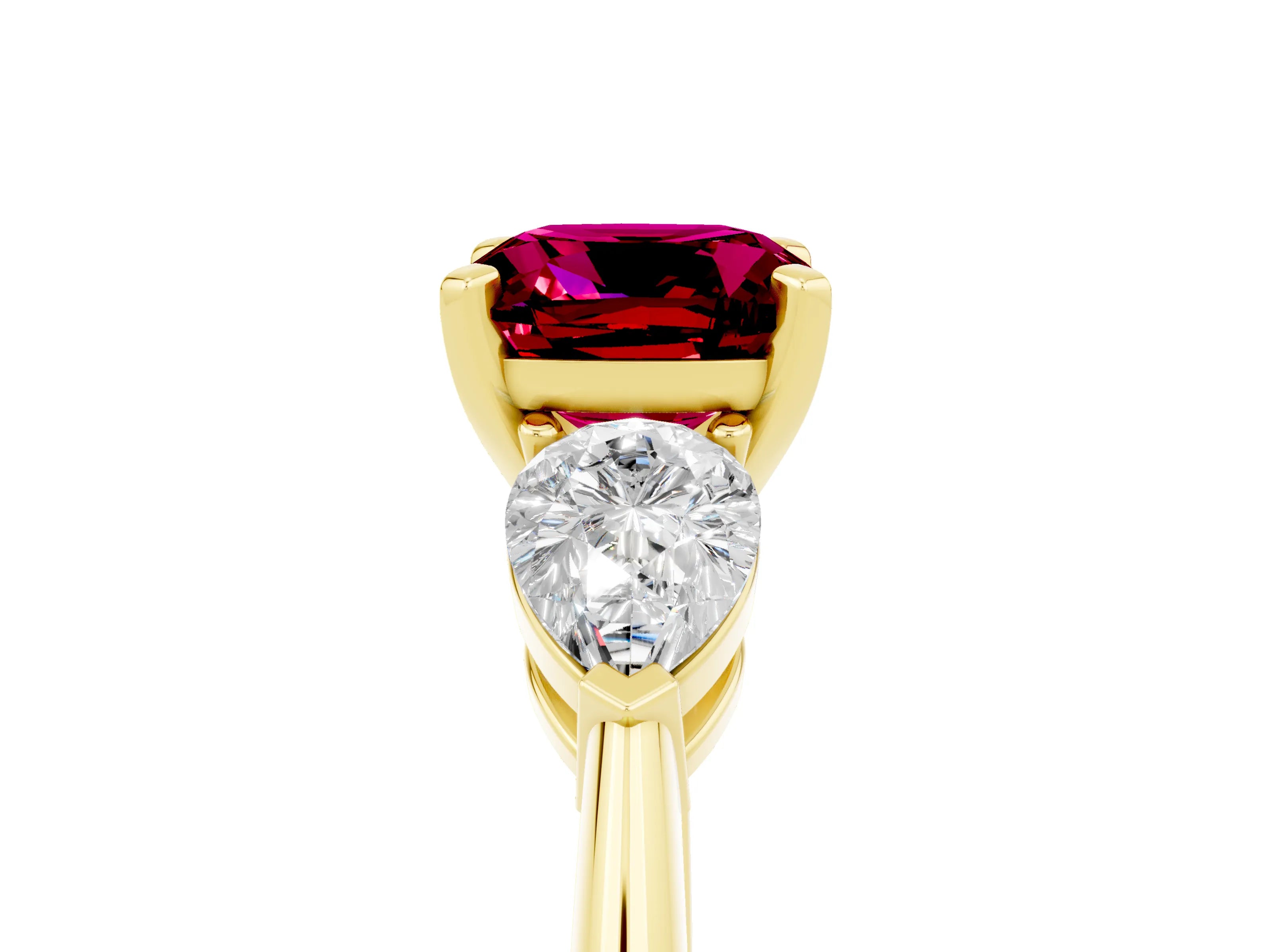 Yellow gold Three-Stone Cushion Cut Garnet Ring with Pear Side Stones and Four-Prong Setting_5