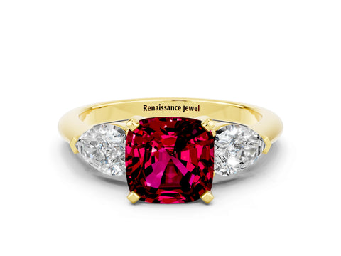 Yellow gold Three-Stone Cushion Cut Garnet Ring with Pear Side Stones and Four-Prong Setting