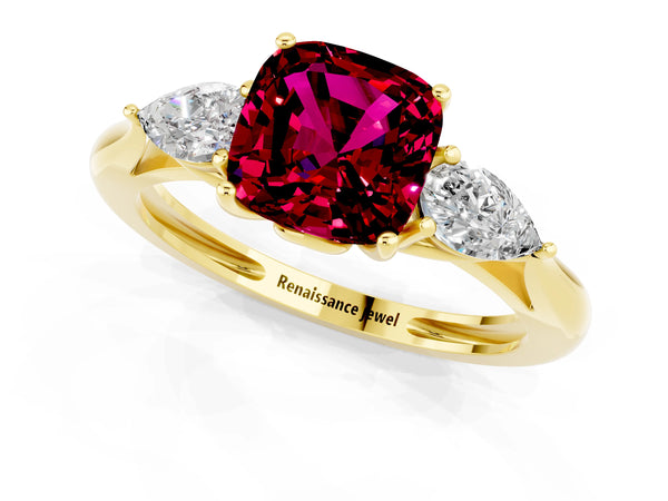 Yellow gold Three-Stone Cushion Cut Garnet Ring with Pear  Side Stones in Four-Prong Setting