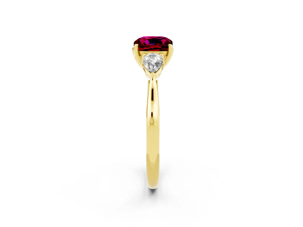 Yellow gold Three-Stone Cushion Cut Garnet Ring with Pear  Side Stones in Four-Prong Setting