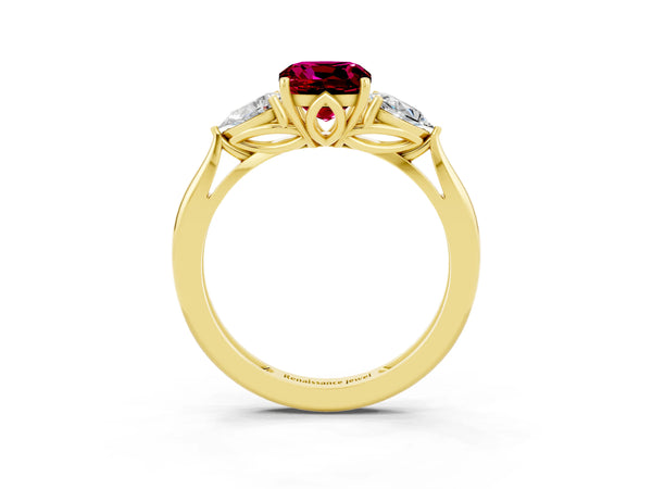 Yellow gold Three-Stone Cushion Cut Garnet Ring with Pear  Side Stones in Four-Prong Setting