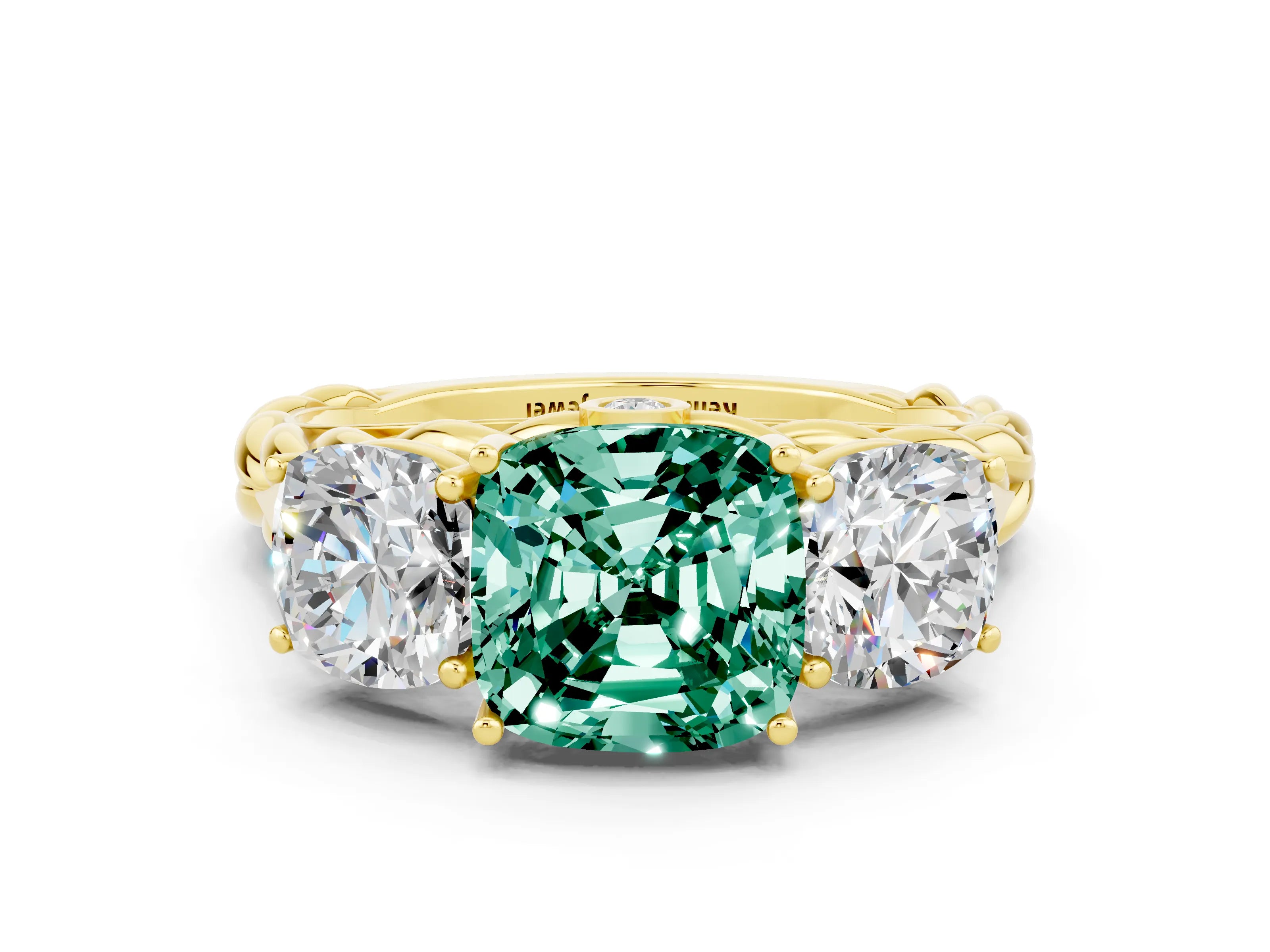 Yellow gold Three-Stone Cushion Cut Green Sapphire Braided Band Ring with Four-Prong Setting_12