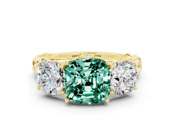 Yellow gold Three-Stone Cushion Cut Green Sapphire Braided Band Ring with Four-Prong Setting