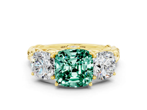 Yellow gold Three-Stone Cushion Cut Green Sapphire Braided Band Ring with Four-Prong Setting_12