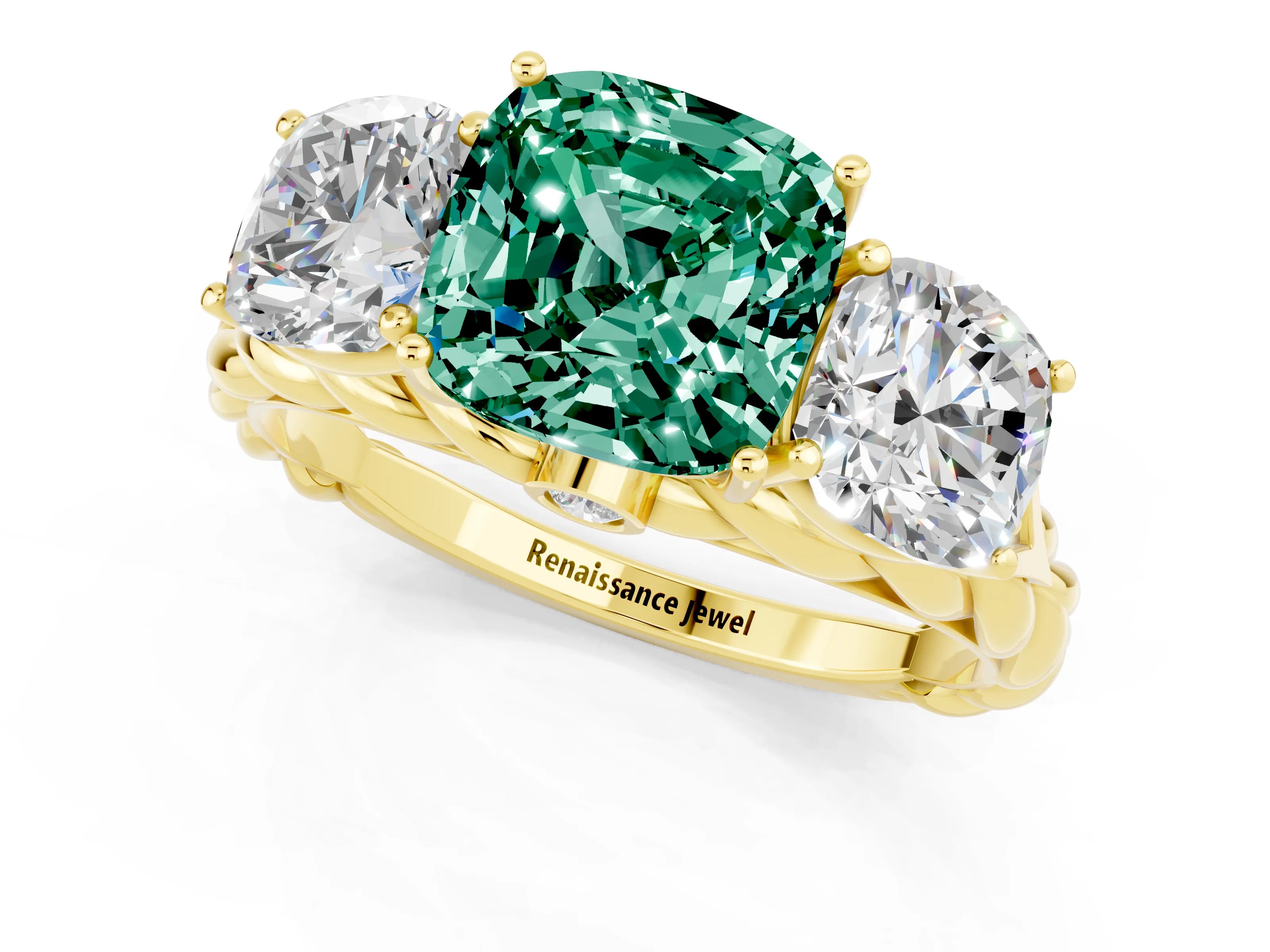 Yellow gold Three-Stone Cushion Cut Green Sapphire Braided Band Ring with Four-Prong Setting_13