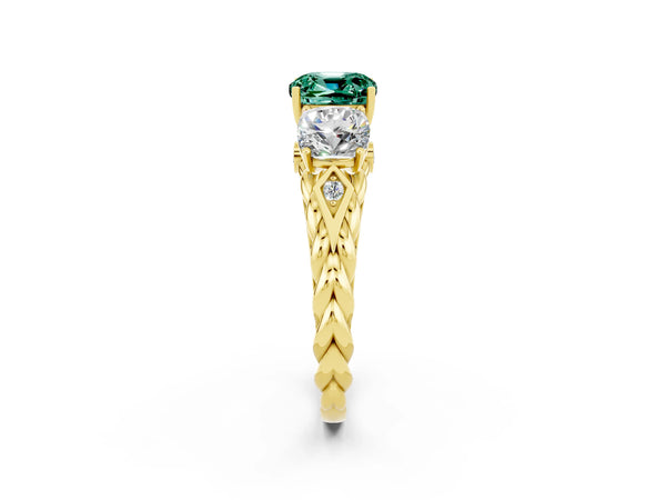 Yellow gold Three-Stone Cushion Cut Green Sapphire Braided Band Ring with Four-Prong Setting
