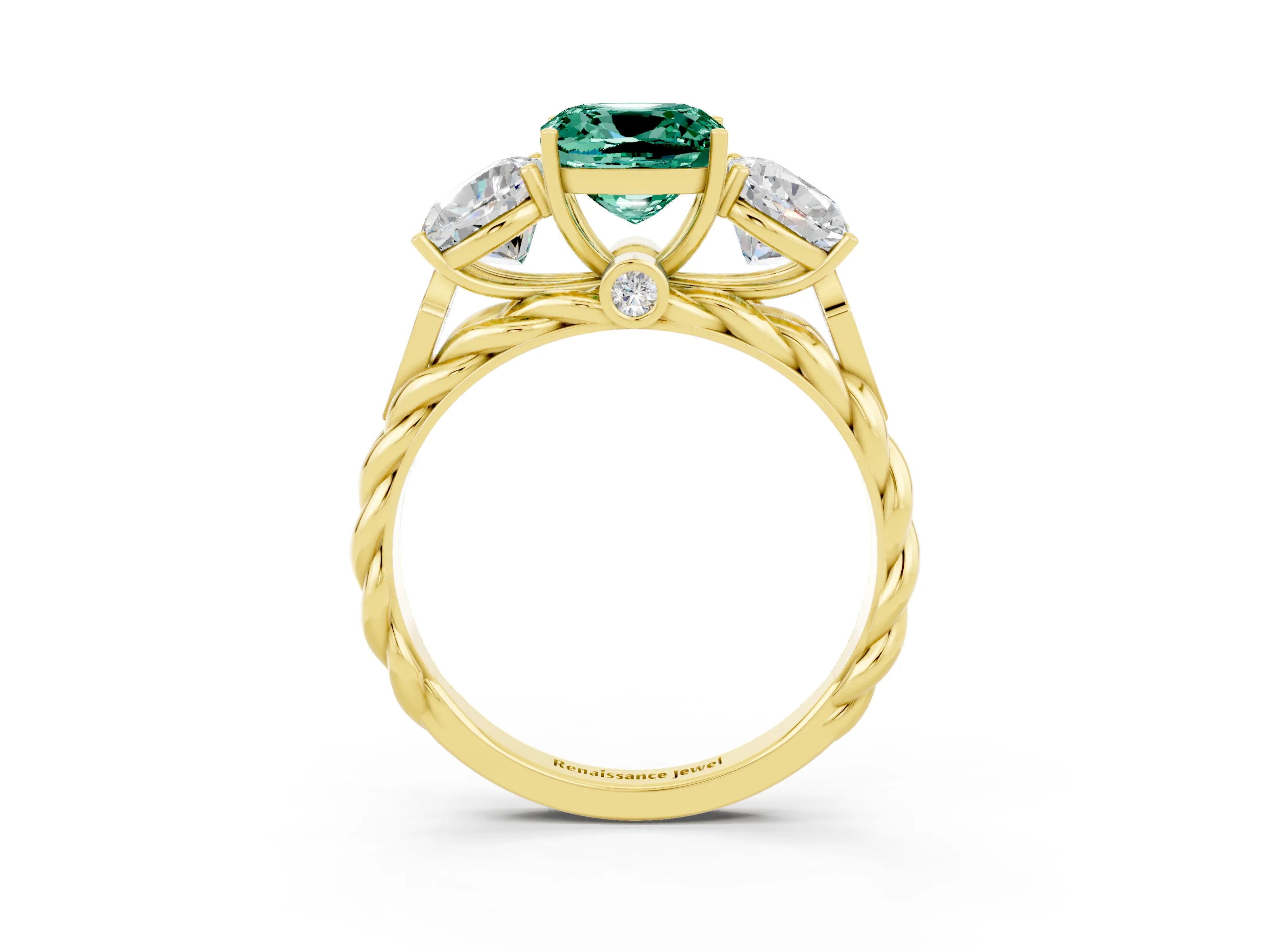 Yellow gold Three-Stone Cushion Cut Green Sapphire Braided Band Ring with Four-Prong Setting_15