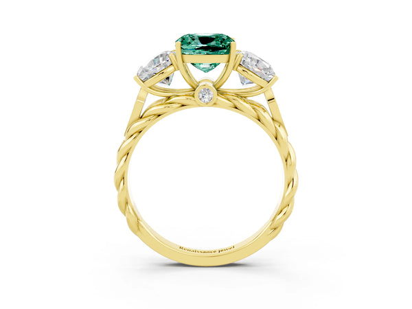 Yellow gold Three-Stone Cushion Cut Green Sapphire Braided Band Ring with Four-Prong Setting