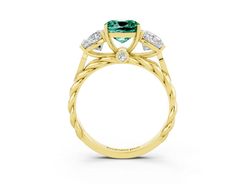 Yellow gold Three-Stone Cushion Cut Green Sapphire Braided Band Ring with Four-Prong Setting_15