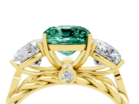 Yellow gold Three-Stone Cushion Cut Green Sapphire Braided Band Ring with Four-Prong Setting_16