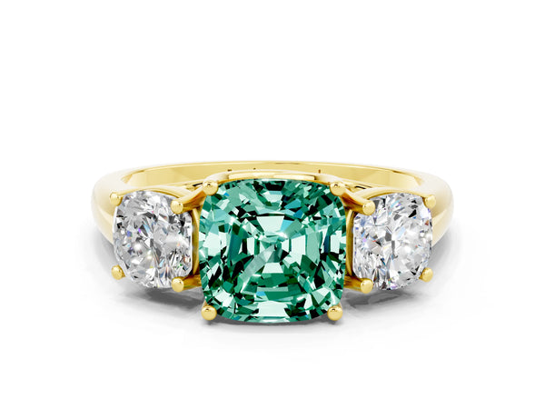 Yellow gold Three-Stone Cushion Cut Green Sapphire Engagement Ring with Prong Setting