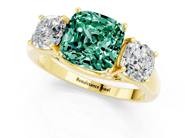 Yellow gold Three-Stone Cushion Cut Green Sapphire Engagement Ring with Prong Setting