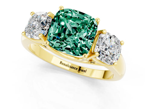 Yellow gold Three-Stone Cushion Cut Green Sapphire Engagement Ring with Prong Setting_1