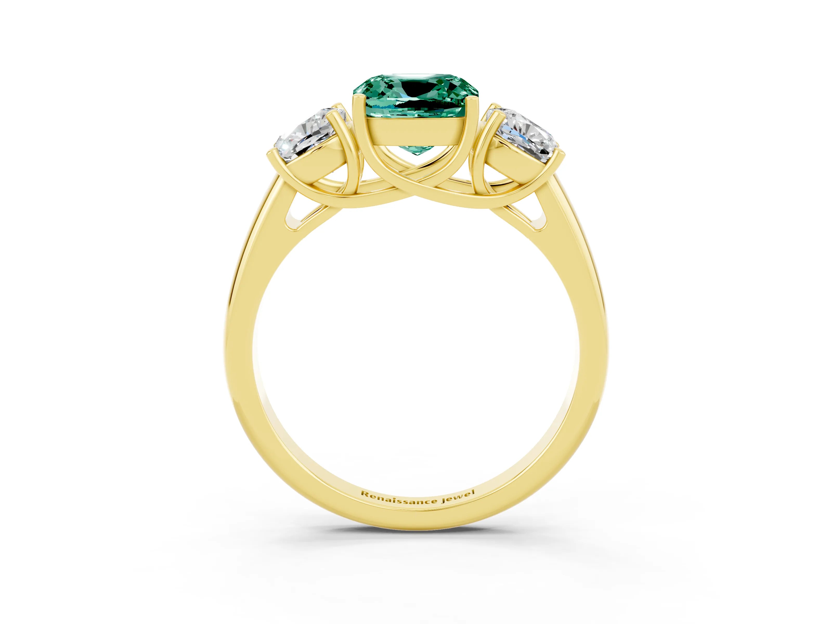 Yellow gold Three-Stone Cushion Cut Green Sapphire Engagement Ring with Prong Setting_3