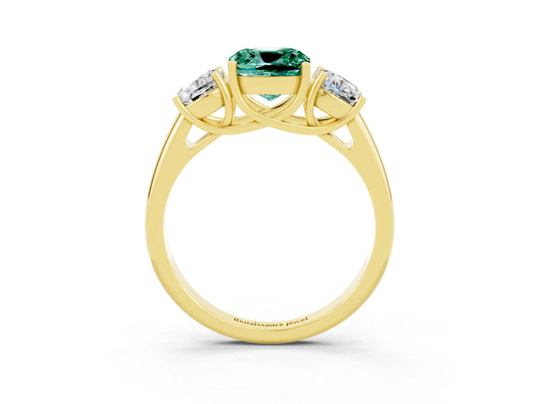 Yellow gold Three-Stone Cushion Cut Green Sapphire Engagement Ring with Prong Setting