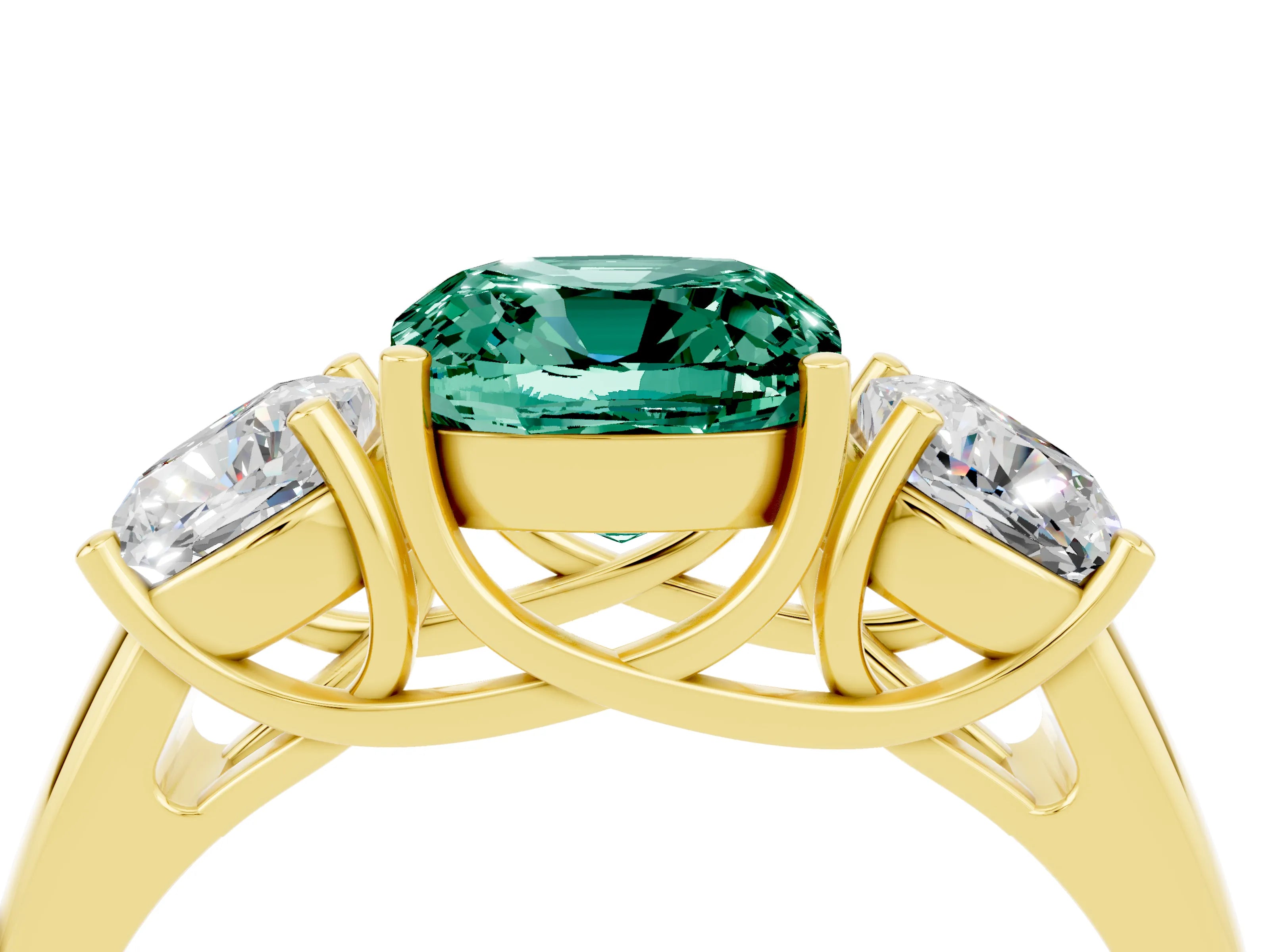 Yellow gold Three-Stone Cushion Cut Green Sapphire Engagement Ring with Prong Setting_4
