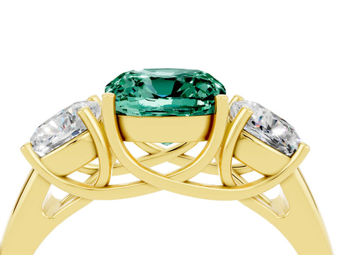 Yellow gold Three-Stone Cushion Cut Green Sapphire Engagement Ring with Prong Setting_4