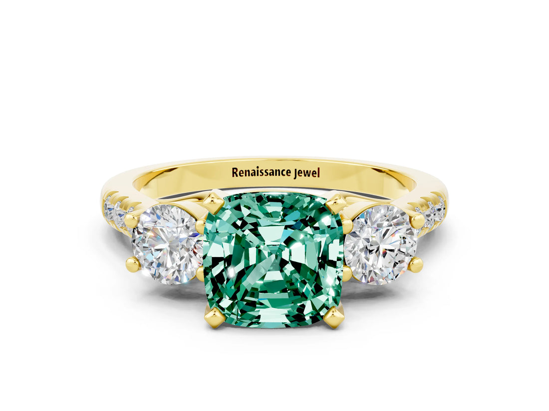 Yellow gold Three-Stone Cushion Cut Green Sapphire Pavé Band with Four-Prong Setting