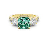 Yellow gold Three-Stone Cushion Cut Green Sapphire Pavé Band with Four-Prong Setting