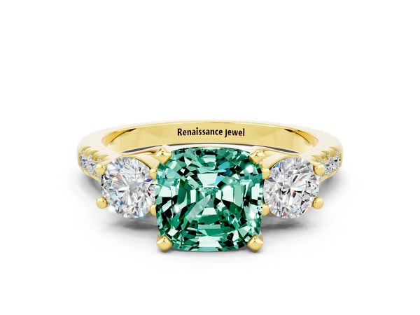 Yellow gold Three-Stone Cushion Cut Green Sapphire Pavé Band with Four-Prong Setting