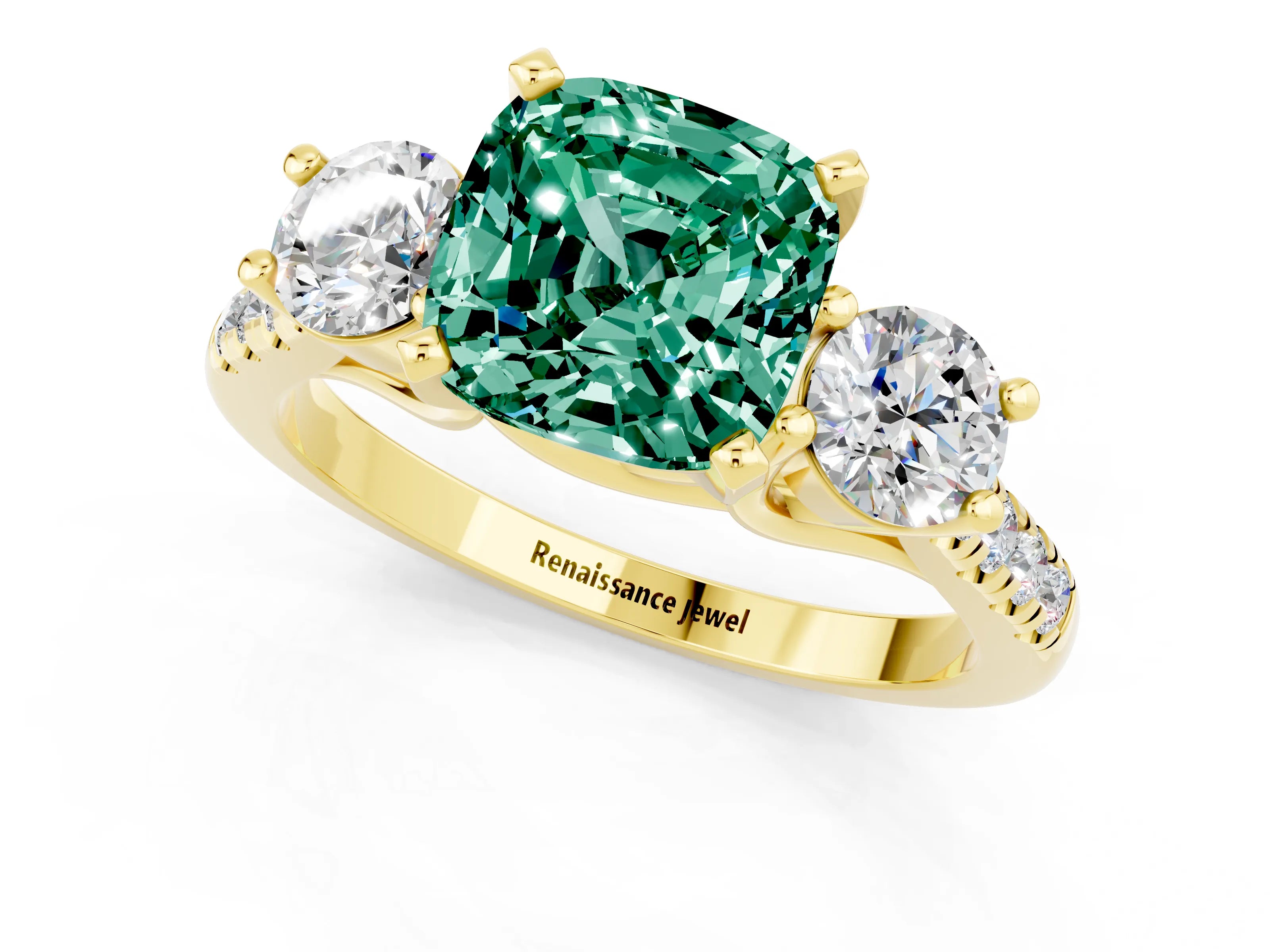 Yellow gold Three-Stone Cushion Cut Green Sapphire Pavé Band with Four-Prong Setting_1