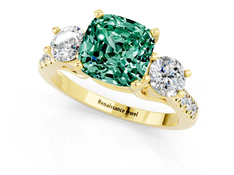 Yellow gold Three-Stone Cushion Cut Green Sapphire Pavé Band with Four-Prong Setting_1
