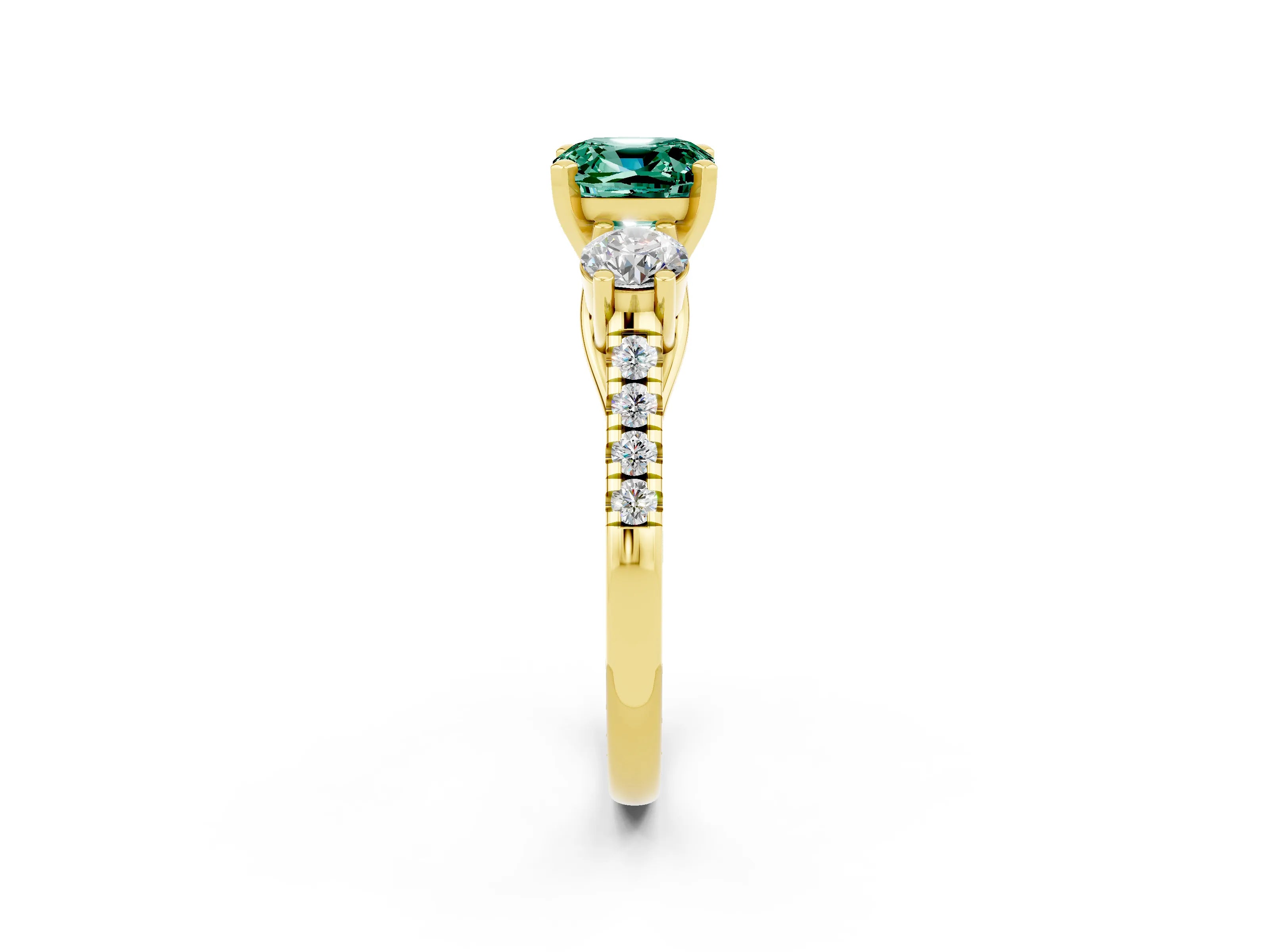Yellow gold Three-Stone Cushion Cut Green Sapphire Pavé Band with Four-Prong Setting_2