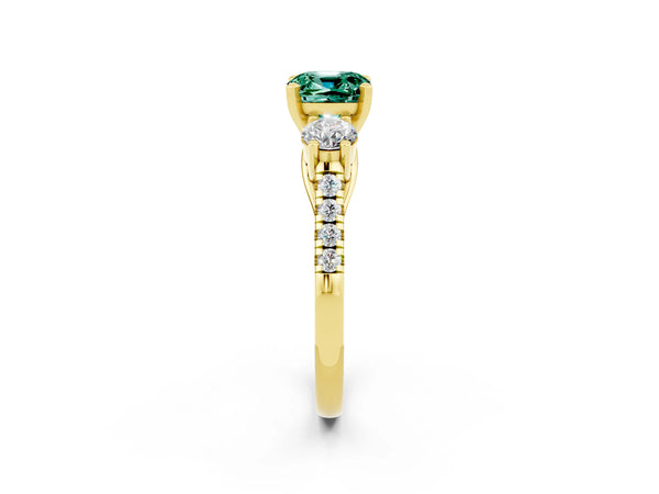 Yellow gold Three-Stone Cushion Cut Green Sapphire Pavé Band with Four-Prong Setting