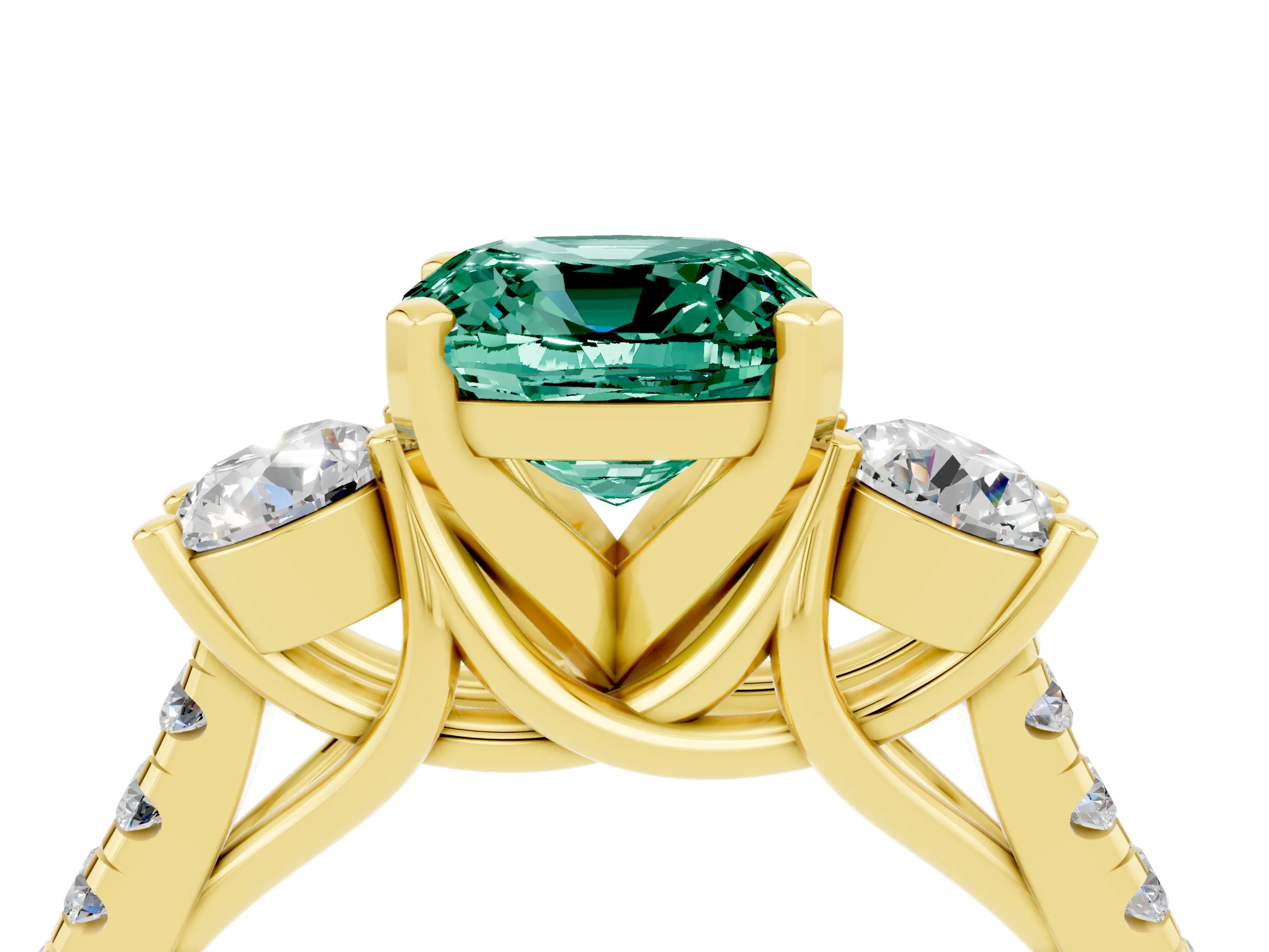 Yellow gold Three-Stone Cushion Cut Green Sapphire Pavé Band with Four-Prong Setting_4