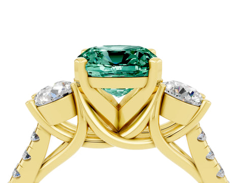 Yellow gold Three-Stone Cushion Cut Green Sapphire Pavé Band with Four-Prong Setting_4