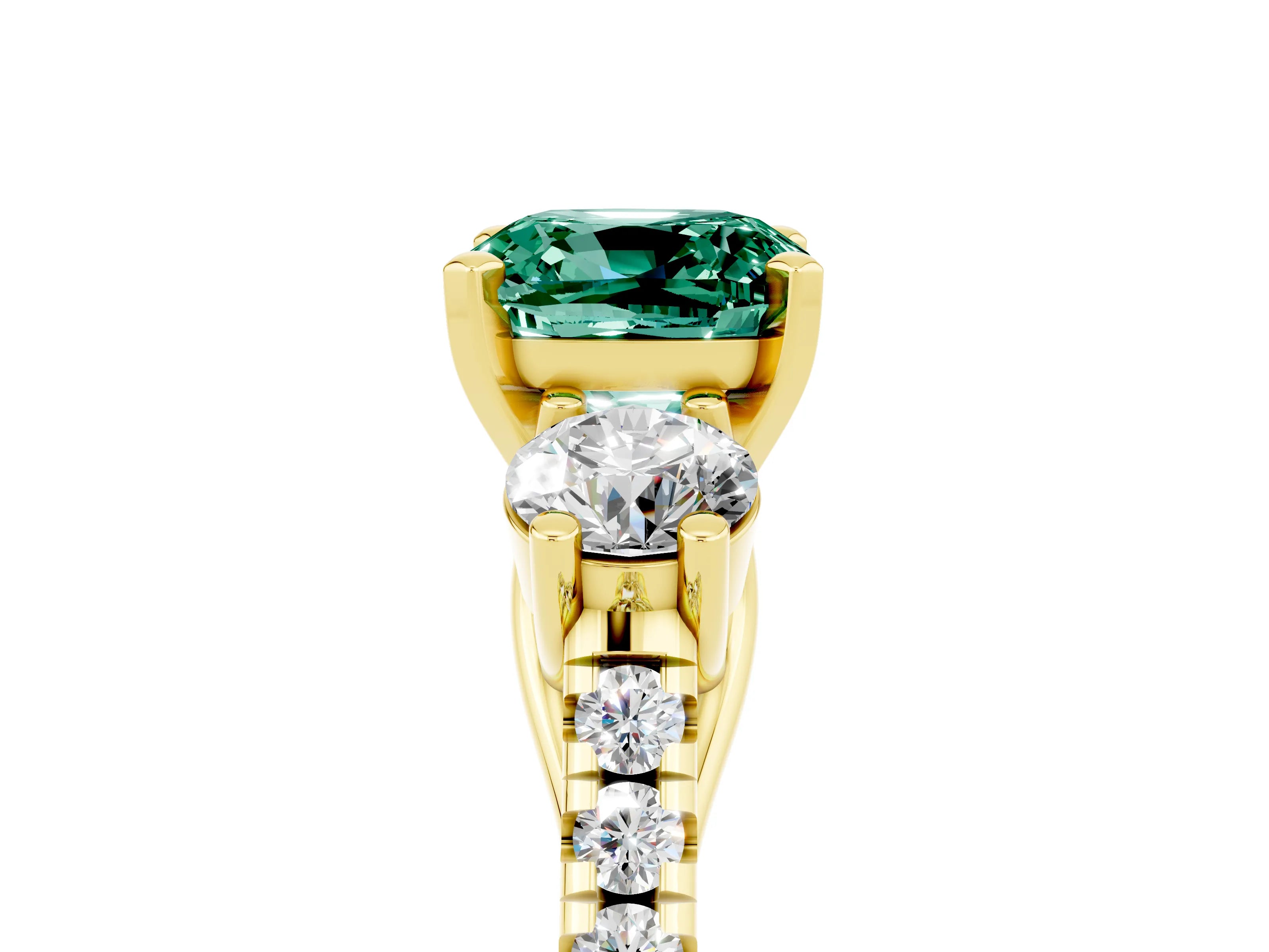 Yellow gold Three-Stone Cushion Cut Green Sapphire Pavé Band with Four-Prong Setting_5