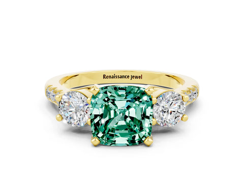 Yellow gold Three-Stone Cushion Cut Green Sapphire Pavé Band with Four-Prong Setting