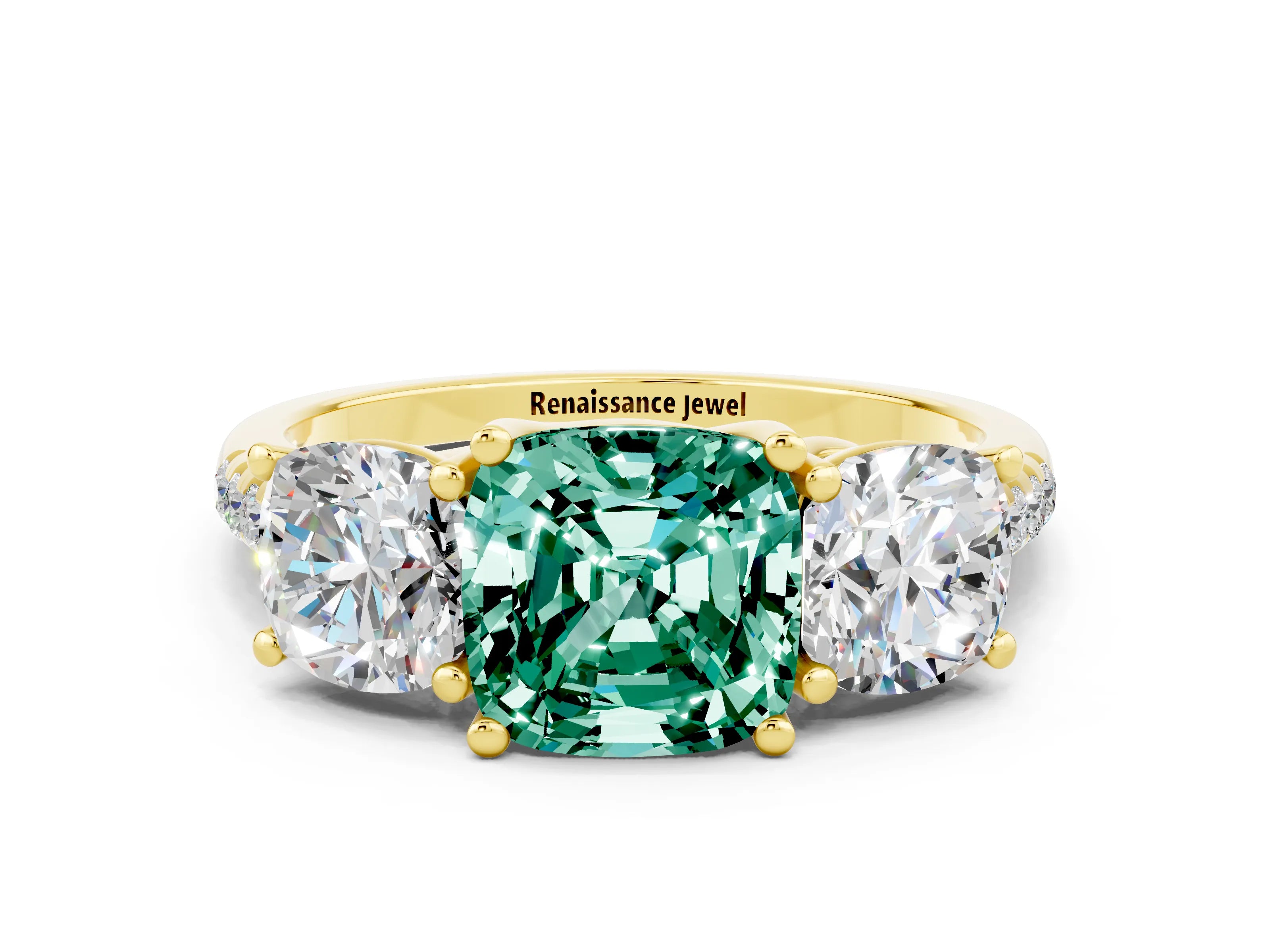Yellow gold Three-Stone Cushion Cut Green Sapphire Ring with Pavé Band and Prong Setting_12