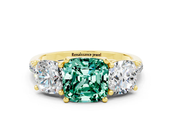 Yellow gold Three-Stone Cushion Cut Green Sapphire Ring with Round  Pavé Band and Prong Setting