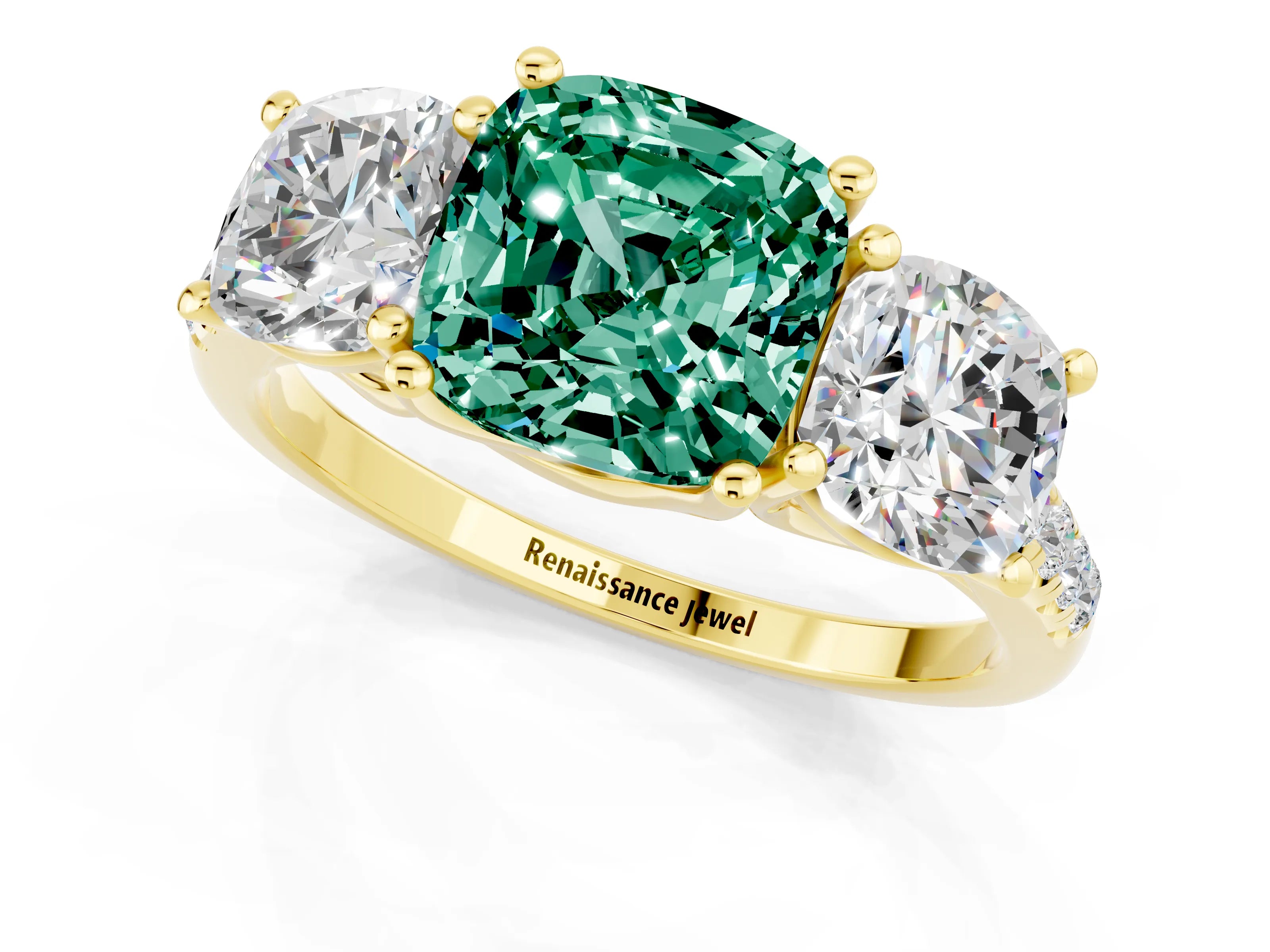 Yellow gold Three-Stone Cushion Cut Green Sapphire Ring with Pavé Band and Prong Setting_13
