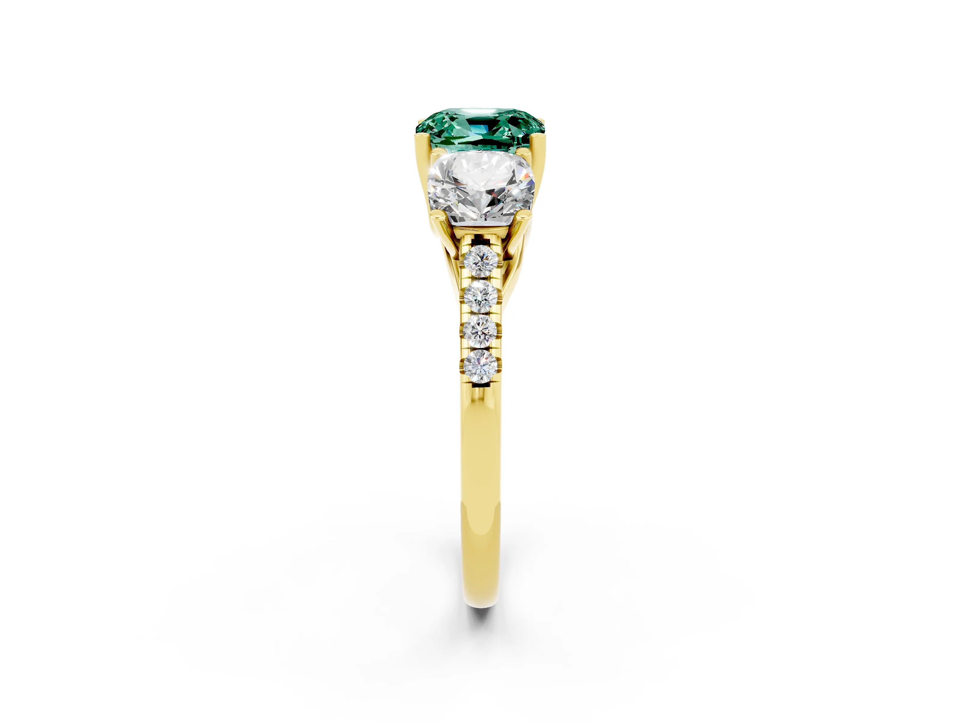 Yellow gold Three-Stone Cushion Cut Green Sapphire Ring with Pavé Band and Prong Setting_14
