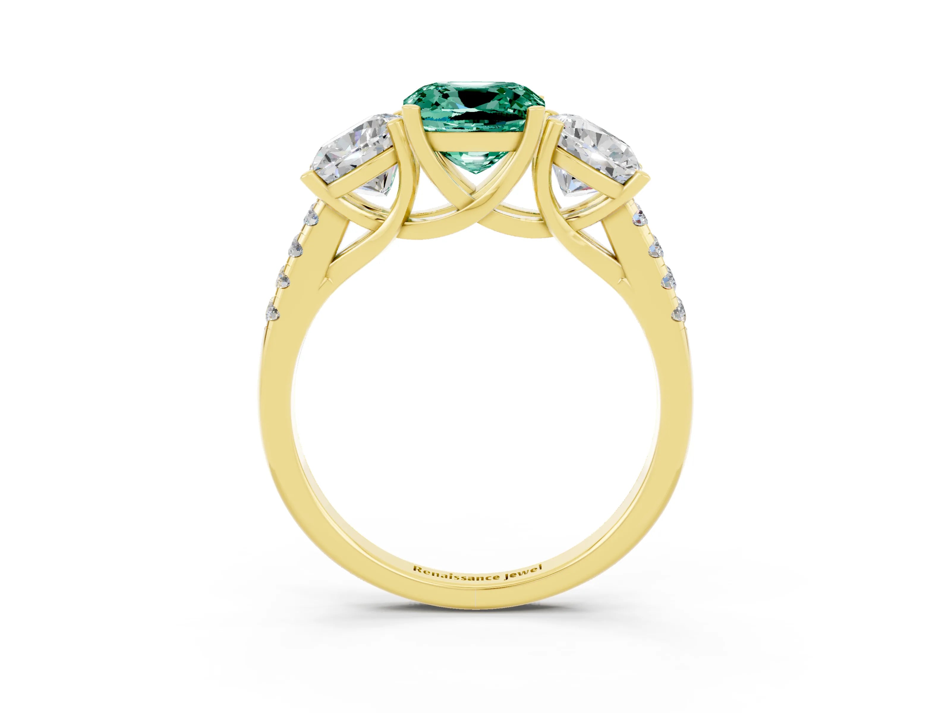 Yellow gold Three-Stone Cushion Cut Green Sapphire Ring with Pavé Band and Prong Setting_15