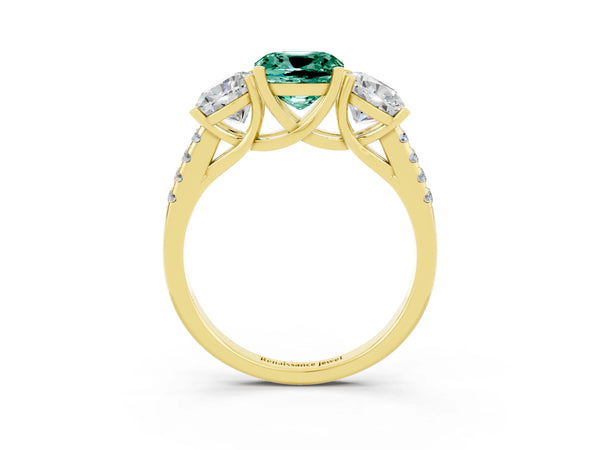 Yellow gold Three-Stone Cushion Cut Green Sapphire Ring with Round  Pavé Band and Prong Setting